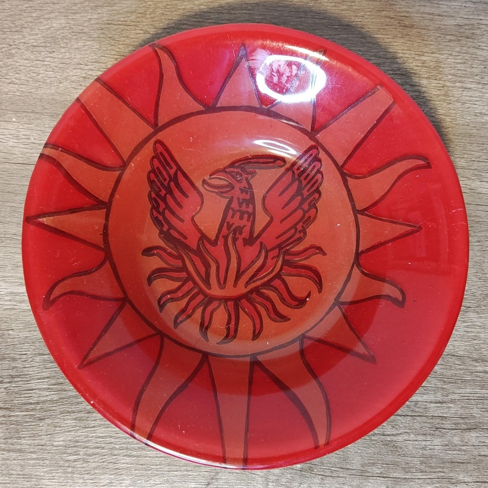 Red Glass Decorative Plate Bowl 8" Phoenix Sunburst‎ Art Hand Blown Dish Decor